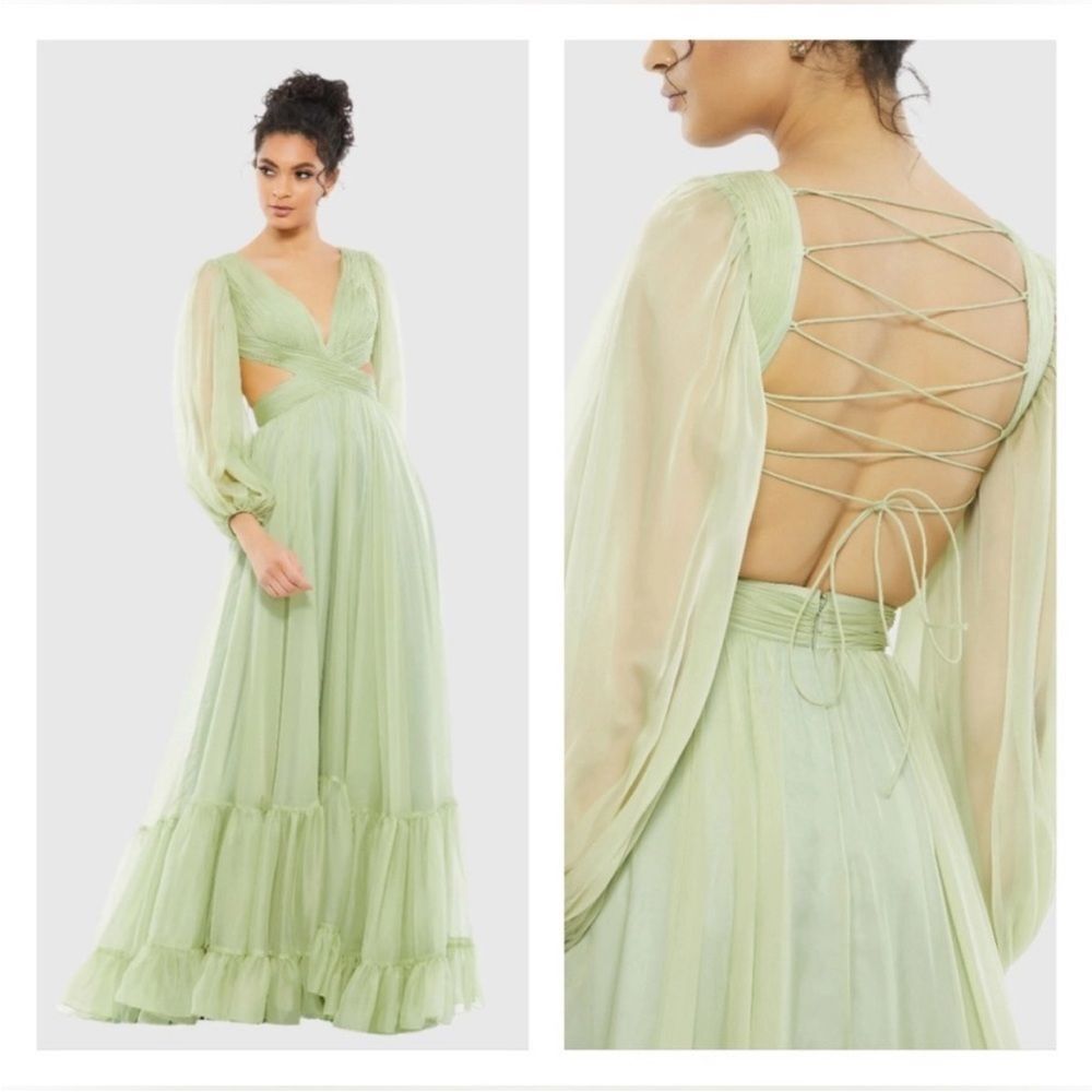 NWT💞Mac Duggal 67948 Sage Green Sz. 2 Long‎ Sleeve Pleated Cut Out Dress